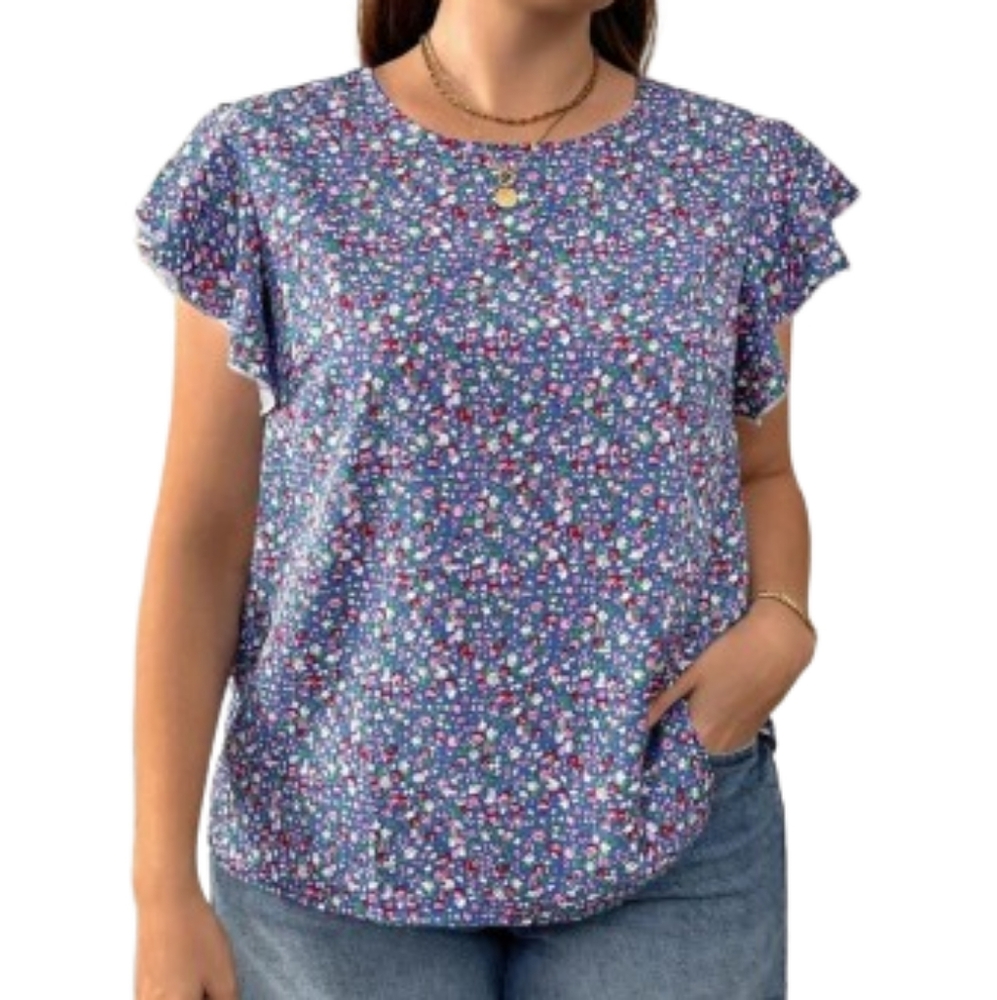 Emory Rose Navy Pink Floral Print Flounce Slv Round Neck Blouse Sz XL